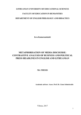 Metaphorisation of Media Discourse: Contrastive Analysis of Business and Political Press Headlines in English and Lithuanian