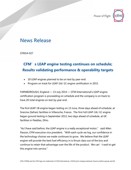 CFM's LEAP Engine Testing Continues on Schedule