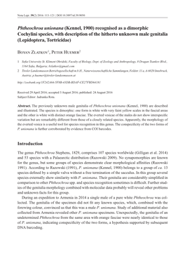 Phtheochroa Unionana (Kennel, 1900) Recognised As a Dimorphic Cochylini Species, with Description of the Hitherto Unknown Male Genitalia (Lepidoptera, Tortricidae)