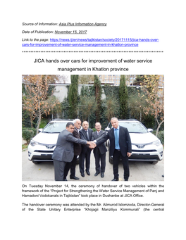 JICA Hands Over Cars for Improvement of Water Service Management in Khatlon Province