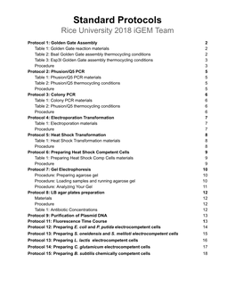 Standard Protocols Rice University 2018 Igem Team