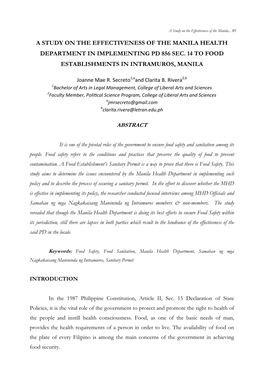 A Study on the Effectiveness of the Manila Health Department in Implementing Pd 856 Sec