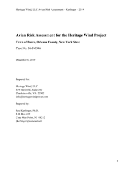 Avian Risk Assessment for the Heritage Wind Project