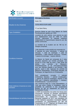 Identification Du Poste Chirurgiens-Dentistes Situation Du Lieu D'exercice Aube (10) 10700 ARCIS SUR AUBE 77 Rue Saint Rémy T