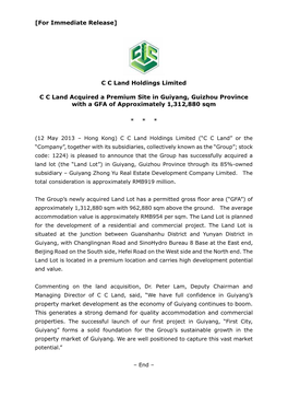 CC Land Holdings Limited CC Land Acquired a Premium Site In