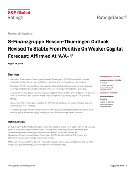 S-Finanzgruppe Hessen-Thueringen Outlook Revised to Stable from Positive on Weaker Capital Forecast; Affirmed at 'A/A-1'