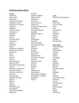 IDENTIFICATIONS: GREECE People: Aeschines Agis I and II Alcibiades Alexander the Great Antigonus I and II Antiochus I, II, and I