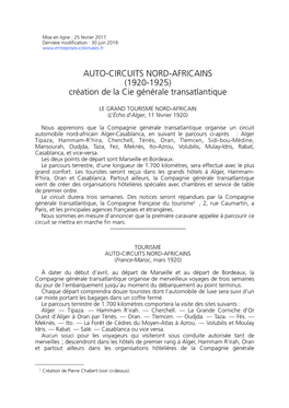 AUTO-CIRCUITS NORD-AFRICAINS (1920-1925) Création De La Cie Générale Transatlantique