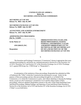 OM GROUP, INC. AND-DESIST ORDER PURSUANT to SECTION 8A of the SECURITIES ACT Respondent