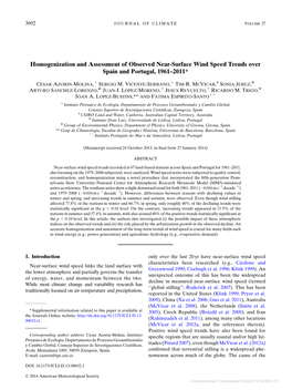 Homogenization and Assessment of Observed Near-Surface Wind Speed Trends Over Spain and Portugal, 1961–2011*