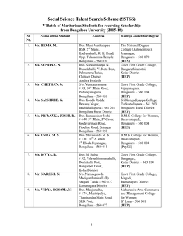 Social Science Talent Search Scheme (SSTSS) V Batch of Meritorious Students for Receiving Scholarship from Bangalore University (2015-18)