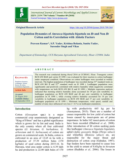 Population Dynamics of Amrasca Biguttula Biguttula on Bt and Non Bt Cotton and Its Correlation with Abiotic Factors