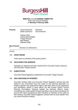 MINUTES of the PLANNING COMMITTEE Held in the Council Chamber on Monday 3 February 2020