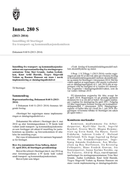 Innst. 280 S (2013–2014) Innstilling Til Stortinget Fra Transport- Og Kommunikasjonskomiteen