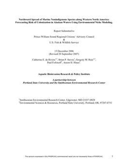 Northward Spread of Marine Nonindigenous Species Along Western North America: Forecasting Risk of Colonization in Alaskan Waters Using Environmental Niche Modeling