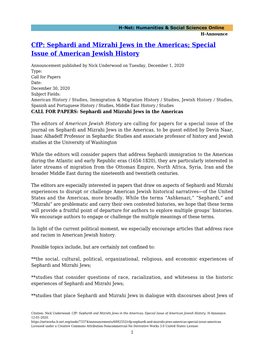 Cfp: Sephardi and Mizrahi Jews in the Americas; Special Issue of American Jewish History