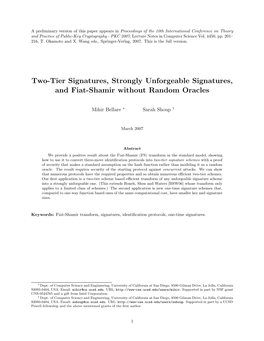 Two-Tier Signatures, Strongly Unforgeable Signatures, and Fiat-Shamir Without Random Oracles