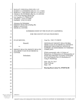 Dignity Health's Request for Judicial Notice in Support of Demurrers to Complaint 1 to the Court, All Parties, and Their Attorneys of Record