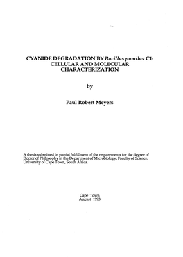 CYANIDE DEGRADATION by Bacillus Pumilus Cl: CELLULAR and MOLECULAR CHARACTERIZATION