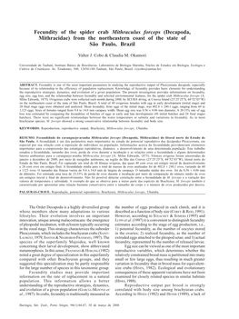 Fecundity of the Spider Crab Mithraculus Forceps (Decapoda, Mithracidae) from the Northeastern Coast of the State of São Paulo, Brazil