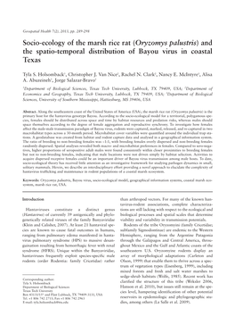 Socio-Ecology of the Marsh Rice Rat (Oryzomys Palustris) and the Spatio-Temporal Distribution of Bayou Virus in Coastal Texas