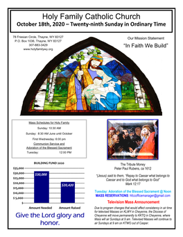 Holy Family Catholic Church October 18Th, 2020 – Twenty-Ninth Sunday in Ordinary Time