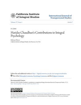 Haridas Chaudhuri's Contributions to Integral Psychology Bahman Shirazi California Institute of Integral Studies, San Francisco, CA, USA