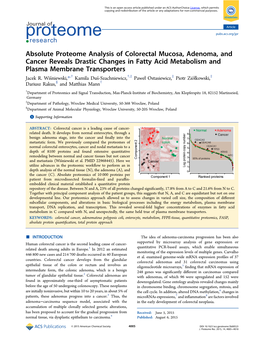 Absolute Proteome Analysis of Colorectal Mucosa, Adenoma, and Cancer Reveals Drastic Changes in Fatty Acid Metabolism and Plasma Membrane Transporters Jacek R