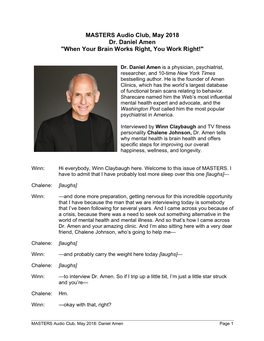 MASTERS Audio Club, May 2018 Dr. Daniel Amen "When Your Brain Works Right, You Work Right!"