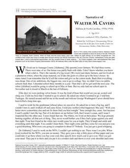 Narrative of Walter M. Cavers, Alabama and North Carolina, 1930