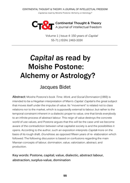 Capital As Read by Moishe Postone: Alchemy Or Astrology?