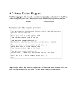 A Chinese Zodiac Program the Following Program Determines the Animal and Associated Characteristics from the Chinese Zodiac for a Given Year of Birth