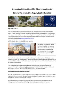 University of Oxford Radcliffe Observatory Quarter Community Newsletter August/September 2011