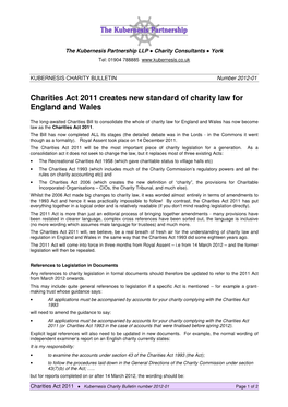 Charities Act 2011 Creates New Standard of Charity Law for England and Wales