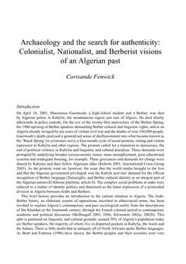 Archaeology and the Search for Authenticity: Colonialist, Nationalist, and Berberist Visions of an Algerian Past