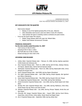 UTV IOM Earnings Release 3Q-FY2008