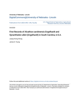 First Records of Alcathoe Carolinensis Engelhardt and Synanthedon Alleri (Engelhardt) in South Carolina, U.S.A