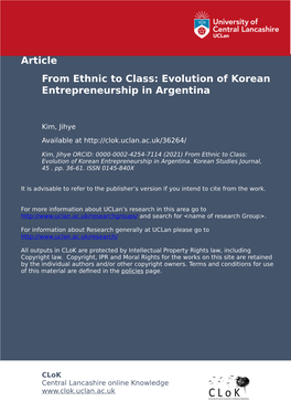 From Ethnic to Class: the Evolution of Korean Entrepreneurship in Argentina