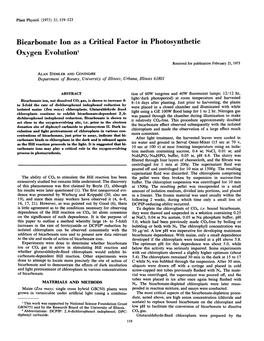 Bicarbonate Ion As a Critical Factor in Photosynthetic Oxygen Evolution' Received for Publication February 21, 1973