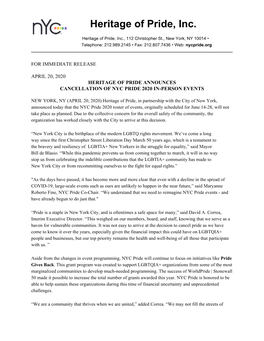 ​Heritage of Pride, Inc. Heritage of Pride, Inc., 112 Christopher St., New York, NY 10014 • Telephone: 212.989.2145 • Fax: 212.807.7436 • Web: Nycpride.Org ​ ​ ______