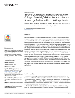 Isolation, Characterization and Evaluation of Collagen from Jellyfish Rhopilema Esculentum Kishinouye for Use in Hemostatic Applications