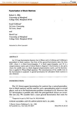 Factorization of Block Matrices College Park, Maryland 20742 Tel