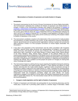 Memorandum on Freedom of Expression and Media Freedom in Hungary