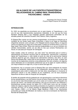 Un Alcance De Las Fuentes Etnohistóricas Relacionadas Al Camino Inka Transversal Pachacamac - Xauxa