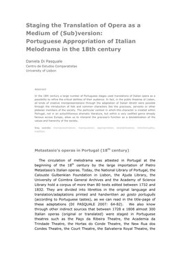 Staging the Translation of Opera As a Medium of (Sub)Version: Portuguese Appropriation of Italian Melodrama in the 18Th Century