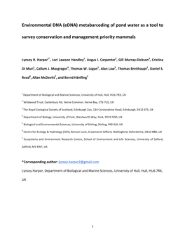 Environmental DNA (Edna) Metabarcoding of Pond Water As a Tool to Survey Conservation and Management Priority Mammals