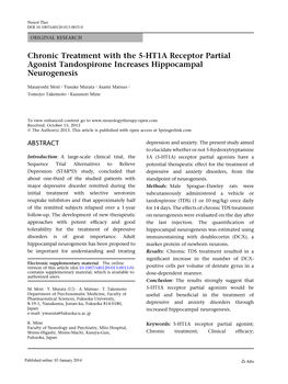 Chronic Treatment with the 5-HT1A Receptor Partial Agonist Tandospirone Increases Hippocampal Neurogenesis