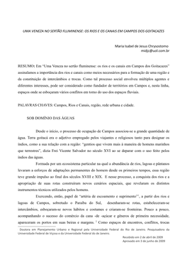 Uma Veneza No Sertão Fluminense: Os Rios E Os Canais Em Campos Dos Goitacazes