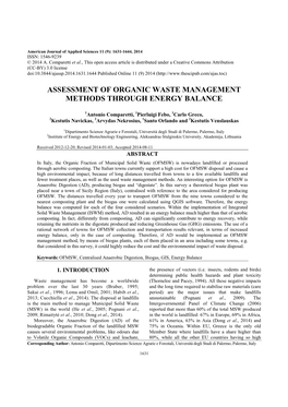 Assessment of Organic Waste Management Methods Through Energy Balance