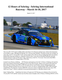 12 Hours of Sebring - Sebring International Raceway - March 16-18, 2017